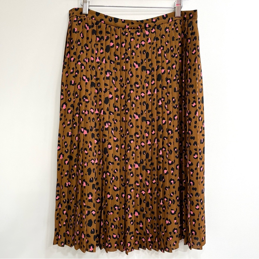 J. Crew Midi Pleated Skirt in Brown with Pink and Black Leopard Print